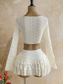 Soleia Plus Size Vacation Lace Tie-Up Ruched Top And Multi-Layer Ruffle Hem Mini Skirt 2 Pieces Set White Autumn Fall Beach Boho Bohemian - White - View 2