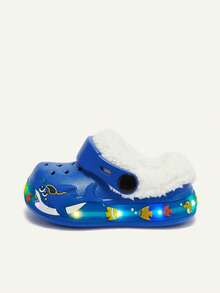 Cozy Pixies 兒童款毛絨內裡拖鞋，藍色海洋卡通毛茸茸保暖一腳蹬克羅格鞋，冬季室內外男孩女孩軟底鞋 - 藍色 - 查看 3