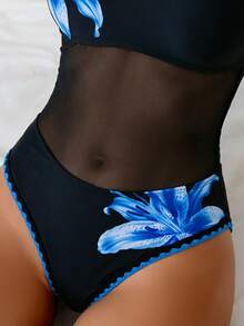 Swim Vcay 女款一件式泳衣，花卉印花與網布拼接，夏季度假海灘穿搭 - 彩色 - 查看 4