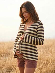 Boho Mama Maternity Striped Long Sleeve Front Tie Casual T-Shirt Going Out Autumn BOHO Fall - Khaki - View 9
