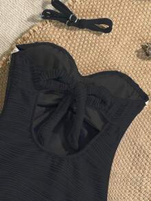 Bonvoyette Traje de baño de una pieza nuevo para mujer primavera/verano, tela texturizada con rayas de ondas azules con diseño de estrella de mar y conchas trenzadas, traje de baño de una pieza adecuado para playa, arena, natación, piscina, vacaciones - Negro - Ver 7