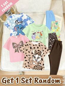 Caja Ciega Conjunto Aleatorio, Conjunto de Camiseta Corta Básica y Leggings con Estampado de Patrón de Conejo Azul y Flor Grande en la Bottom, Estilo Creativo Kawaii Lindo de Moda para Niñas, Estilos Cómodos de Verano y Otoño, Adecuado para el Uso de Niñas en Todas las Estaciones - Multicolor - Ver 3