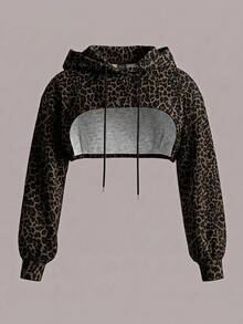Comfortcana Sudadera corta de talla grande con estampado de leopardo vintage, otoño/invierno - Multicolor - Ver 1