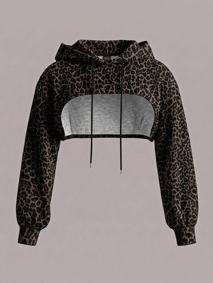Comfortcana Sudadera corta de talla grande con estampado de leopardo vintage, otoño/invierno - Multicolor - Ver 1