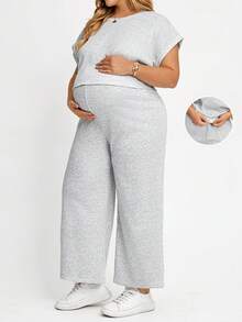 Plussiva Plus Size Maternity Textured Minimalist Top And Adjustable Waist Casual Loose Pants 2 Pieces Set - Grey - View 1