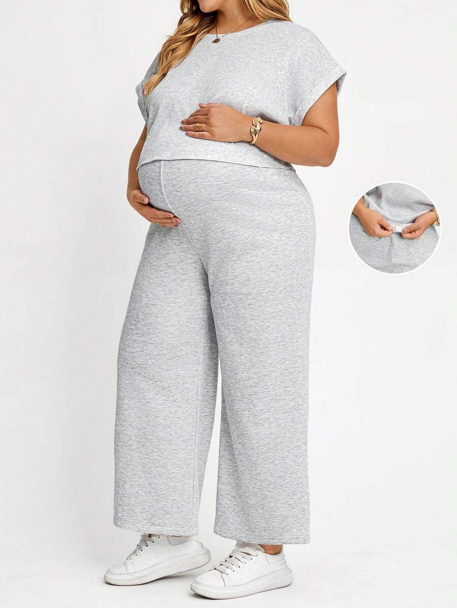 Plussiva Plus Size Maternity Textured Minimalist Top And Adjustable Waist Casual Loose Pants 2 Pieces Set - Grey - View 1