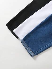 SHEIN Conjunto de 3 piezas de pantalones casuales de pierna recta de mezclilla lavada tejida multicolor azul & negro estilo preppy lindo y casual para niñas - Multicolor - Ver 3