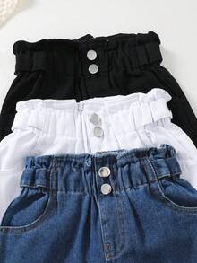 SHEIN Conjunto de 3 piezas de pantalones casuales de pierna recta de mezclilla lavada tejida multicolor azul & negro estilo preppy lindo y casual para niñas - Multicolor - Ver 4