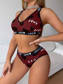 SHEIN 女款字母與唇印內衣與三角內褲休閒日常內衣套裝 - 紅色 - 查看 3
