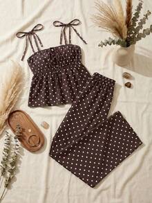 SHEIN PETITE Women's Vacation Casual Tropical Sexy Brown And White Polka Dot Print Camisole Long Pants 2 Pieces Set,Petite Beach Summer - Coffee Brown - View 2