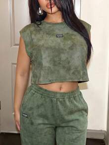 Slaydiva Round-Neck Sleeveless Loose Vest + Five-Pocket Pants In Military Green, With Elastic Waist And Imitation Snowflake Fabric. New Style For Summer, Music Festival, Valentine's Day, Easter, Casual, Minimalist, Basic Style, Y2K, Street Sweet Style. Best-Selling, For Daily Date, Women's Two Pieces Set - A - Army Green - View 6