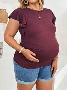 Plussiva Plus Size Maternity Solid Color Casual Versatile Everyday Top Maternity Photoshoot Summer - Burgundy - View 4