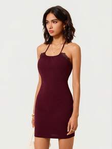 SHEIN BASICS 女款撞色蕾絲修身時尚掛脖迷你洋裝 - 中紫紅色 - 查看 3