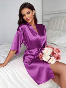 Moireta Women's Solid Color Waist Tie Casual Daily Home Sleepwear - Purple - View 6