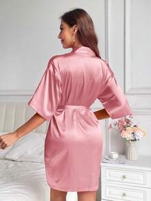 Moireta Women's Solid Color Short Sleeve Waist Tie Elegant Robe - Baby Pink - View 2