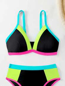 Swim Lushoire 女款拼色拼接泳衣套裝 海灘黑色夏季性感 - 彩色 - 查看 3