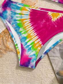 SHEIN Setelan Baju Renang Crop Top & Bottom Motif Tie-Dye Hati Minimalis Kasual untuk Anak Perempuan Remaja, Cocok untuk Musim Panas - MultiWarna - View 4