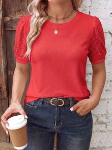 EMERY ROSE Women's Spring/Summer New Hot-Selling Lace Patchwork Design Casual Versatile Plus Size T-Shirt - Red - View 5