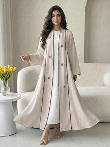 Veilorie Women's Embroidered Long Sleeve Loose Fit Arabic Decent Casual Modest Elegant Abaya Formal Beige Allover White Fall Christening Guest Office Ninang - Apricot - View 1