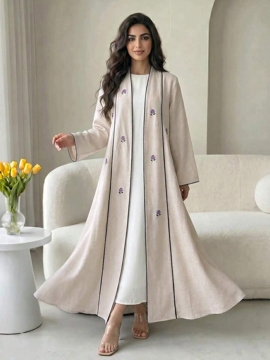 Veilorie Women's Embroidered Long Sleeve Loose Fit Arabic Decent Casual Modest Elegant Abaya Formal Beige Allover White Fall Christening Guest Office Ninang - Apricot - View 1