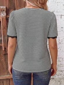 EMERY ROSE Women's Spring/Summer New Hot-Selling Striped Knit Patchwork Ruffle Design Casual Versatile T-Shirt - Black and White - View 2
