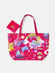 SHEIN X Care Bears 1件時尚輕便可折疊印花托特包，購物袋，便攜式單肩包，卡片收納袋，適用旅行與購物等 - 深玫紅 - 查看 4