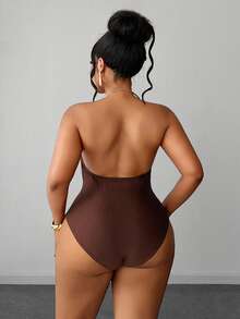 Maweii Plus Size Women's Solid Color Draped Neck Ruffle Casual Versatile Daily Bodysuit - Brown - View 3