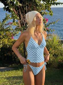 Swim Mod Summer Sweet Cherry Plaid Tank Bikini Set - Mint Green - View 8