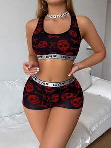 SHEIN 女款骷髏印花內衣套裝 - 紅色 - 查看 5