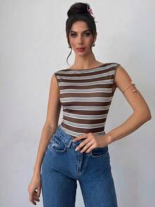 Firerie Women's Striped Fashion Contrast Color Fitted Backless Bodysuit - Multicolor - View 2