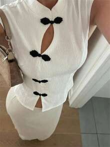 Aloruh Blouse élégante pour femmes avec col montant, style chinois moderne, boutons grenouille, coupe ajustée et taille cintrée - Nude - Voir 2