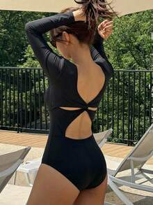 DAZY 女款純色扭結露背連身泳衣 夏季 - 黑色 - 查看 5