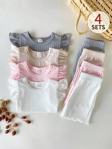 SHEIN Playful Pals 8件組/女嬰0-3歲春夏季新品休閒日常外出可愛素色針織不對稱羅紋短袖背心T恤上衣與短褲8件套裝 - 彩色 - 查看 10