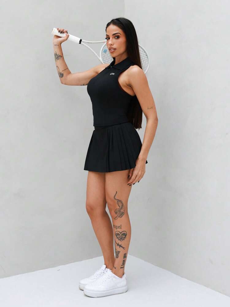 Maju Mazalli Set Pakaian Olahraga Wanita Tanpa Lengan Minimalis Warna Polos - Hitam - View 6
