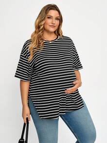 Plussiva Plus Size Maternity Round Neck White Casual Versatile Daily Wear Top Summer - Black and White - View 1