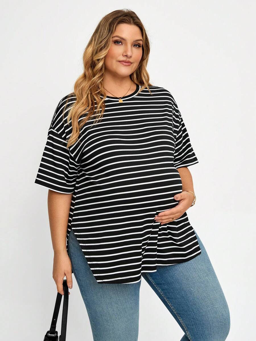 Plussiva Plus Size Maternity Round Neck White Casual Versatile Daily Wear Top Summer - Black and White - View 1