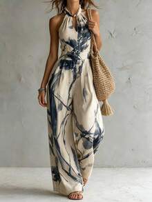 SHEIN Women Boho Vacation Halter Sleeveless Cut Out Long Wide Leg Jumpsuit - Multicolor - View 4