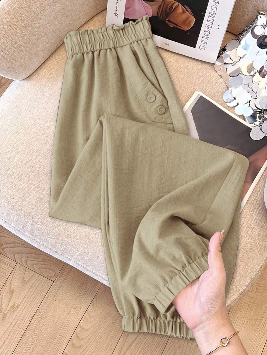 SHEIN LUNE CURVE Quần dài casual nữ size lớn màu trơn, cạp bèo nhún, có túi - Màu Khaki - Xem 1