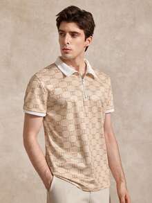 Courvante Men Summer Casual Color Block Geometric Printed Short Sleeve Polo Shirt, For Golf - Apricot - View 4