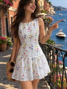 Flora Isola Flora Isola 女款夏季白色花卉印花鏤空刺繡無袖荷葉邊修飾A字短洋裝 - 白色 - 查看 2