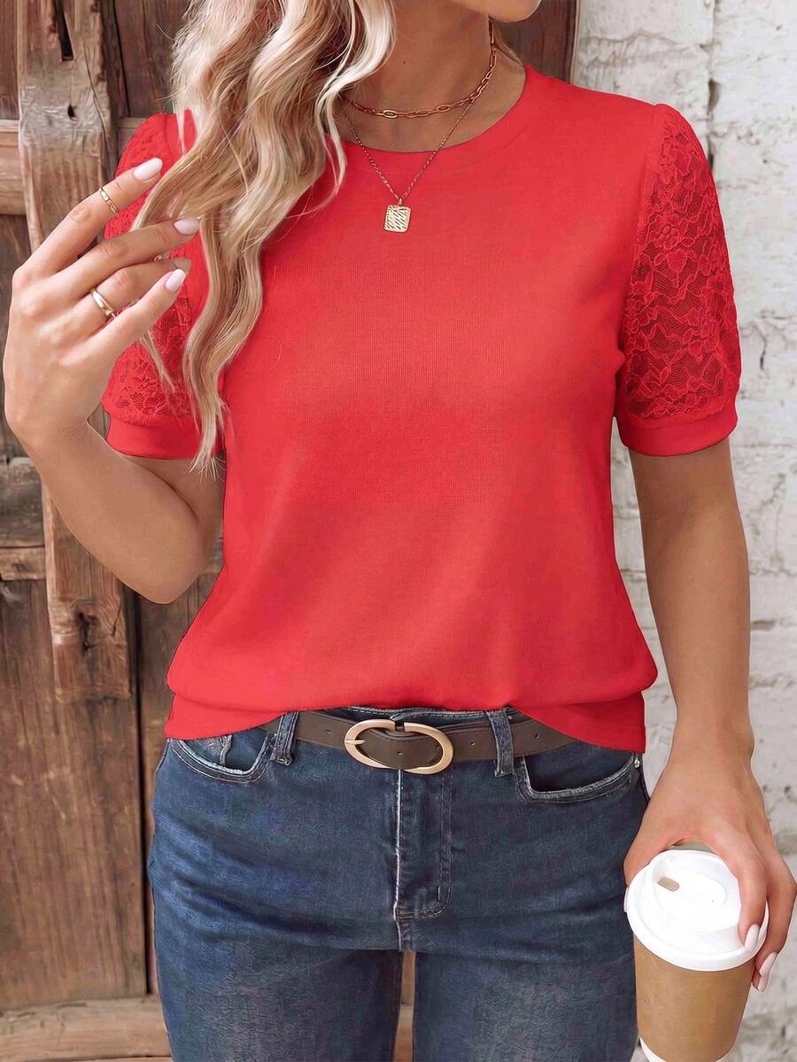 EMERY ROSE Women's Spring/Summer New Hot-Selling Lace Patchwork Design Casual Versatile Plus Size T-Shirt - Red - View 1