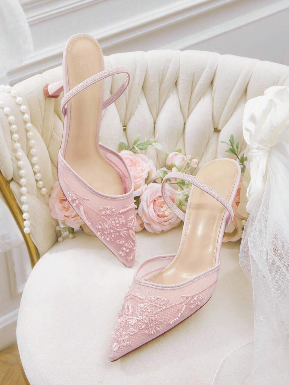 CUCCOO HITCHD Women's New Embroidered Lace Pointed Toe Elegant Pink Mesh High Heels, Bridal Shoes For Romantic Date, Wedding, Banquet Summer Shoes