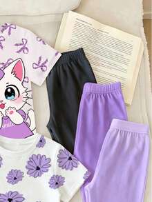 SHEIN 女嬰 2件/套休閒時尚百搭春/夏嬰幼兒T恤套裝，隨機1套，兒童內搭褲套裝 2件兒童長褲與上衣，兒童內搭褲套裝，時尚休閒穿搭，春/秋/冬街頭風 - 彩色 - 查看 6