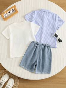 3pcs/Set Kids Young Boy Cute Summer Versatile 3-Piece Outfit Striped Short Sleeve Shirt, Patterned White T-Shirt, Blue Denim Shorts, Suitable For Daily Wear, Sports, Outings, Vacation, School, Parties, Festivals, Performances, Photography - Multicolor - View 2