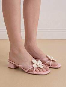 Eladyva Sandalias con tira de flor de perla francesa falsa de 2,0-2,025 de tacón, sandalias de tacón medio versátiles de punta abierta para mujeres, nuevas llegadas del verano 2025 - Rosa - Ver 9