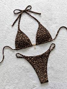 Soleia Women's Leopard Print Halter Bikini Set, Suitable For Summer - Multicolor - View 2