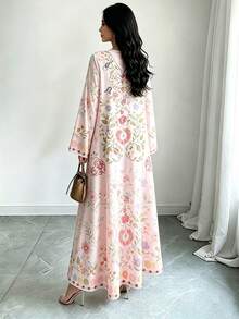 SHEIN Najma 花卉幾何圖案淺粉色女款時尚V領長袖洋裝，優雅阿拉伯風春夏季長版大碼洋裝 - 彩色 - 查看 2