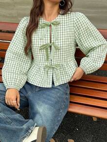 MainGRL Camicetta da donna vintage moderna a quadri bianchi e neri in velluto con maniche a palloncino lunghe e sciolte, con laccio davanti - Menta Verde - Visualizzare 3