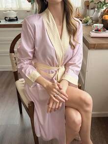 Snug Reverie Comfortable Soft Striped Patchwork Plaid Contrast Color Tie-Front Robe Lounge Sleep Pink Gingham Autumn Cute Kawaii Lounge Cute - Pink - View 1