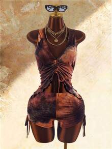 Amplova Sleeveless Fitted Deep V-Neck Ruched Lace-Up Tie Women's Hippie Style Brown Checkered Low-Cut Mini Shorts Night Out Rave Summer Club Sexy - Black - View 4